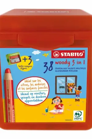 STABILO woody 3in1 Multitalent Kleurpotloden in Kunststof Doos - 38dlg. met 3 Puntenslijpers Aanbieding