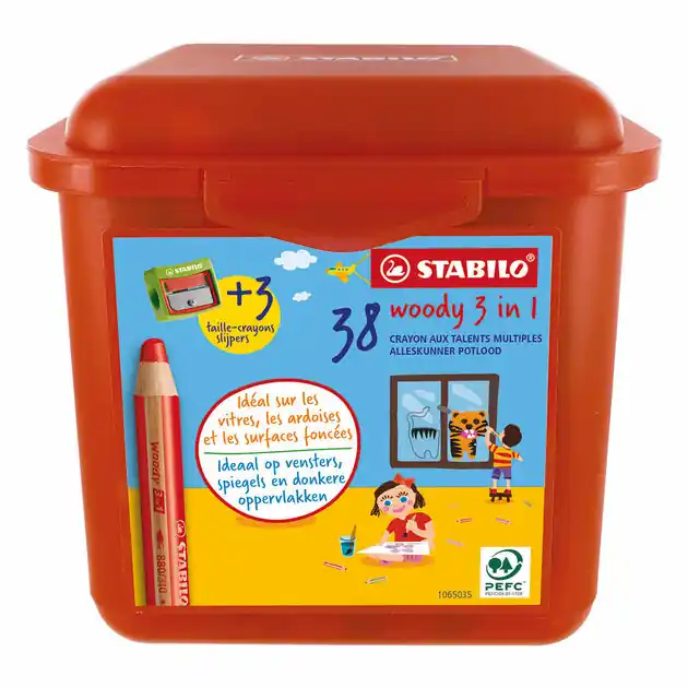 STABILO woody 3in1 Multitalent Kleurpotloden in Kunststof Doos - 38dlg. met 3 Puntenslijpers Aanbieding