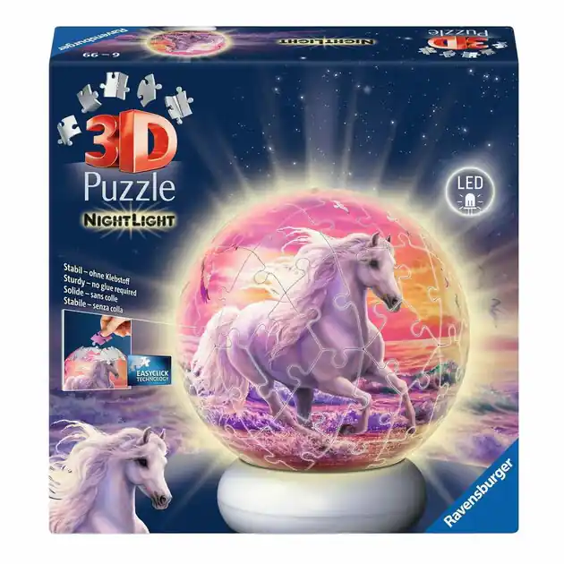 Seizoensaanbieding Ravensburger 3D Puzzel Nachtlamp Paarden op het Strand - 73st.