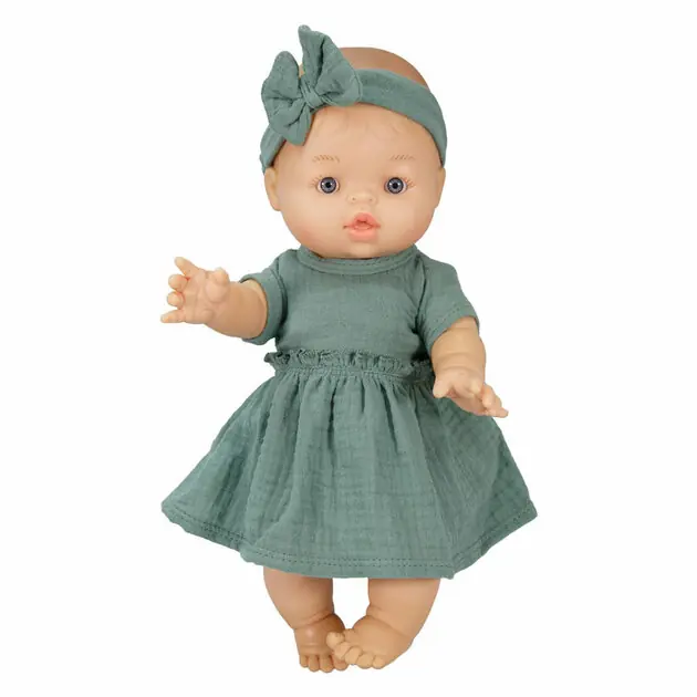 Meisjes Babypop met Groen Jurkje - 34cm Tijdelijk Beschikbaar