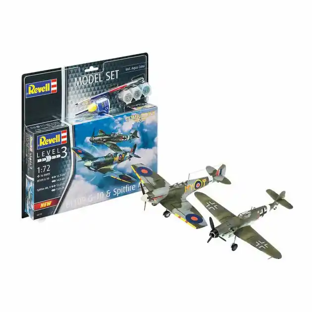 Speciale Aanbieding Revell Modelbouwpakket - Combat Set Bf109G-10 & Spitfire Mk.V 1:72 - 76dlg. - Incl. Aqua Color Basiskleuren Verf