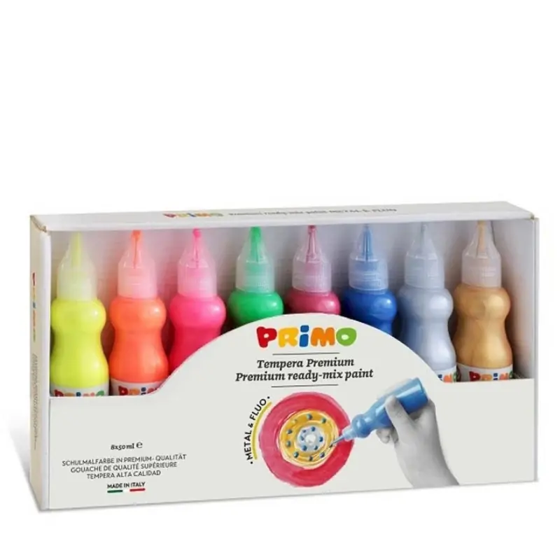 Plakkaatverfset met spuitflacon Metallic & Fluor (8 x 50 ml) - Primo Tijdelijk Beschikbaar