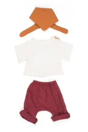 Premium Kledingsetje bruin-wit-bordeaux rood (3-delig) voor Miniland jongenspoppen van 32 cm - Miniland