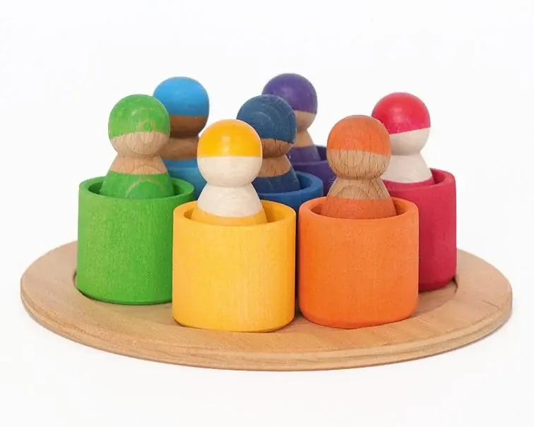 Grimm's - 7 houten regenboogpopjes in bakjes Must-Have