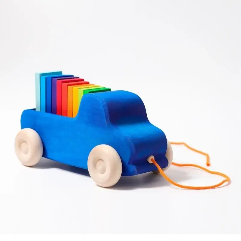 Tijdelijk Beschikbaar Grimm's - Houten trekauto met regenboogblokken