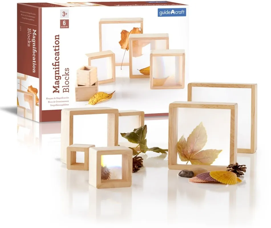 Guidecraft - 6 Houten blokken met vergrootglas Nu Kopen
