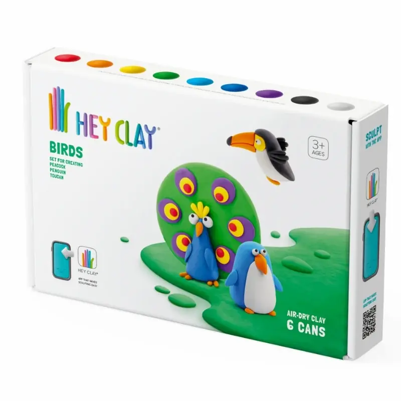 Hey Clay interactieve boetseerkleiset - 3 vogels - pinguin toekan en pauw (6 potjes) Gecertificeerd