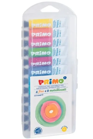Primo - Plakkaatverf metallic en fluorescerend - 12 kleuren - 12 ml per tube Weekendaanbieding