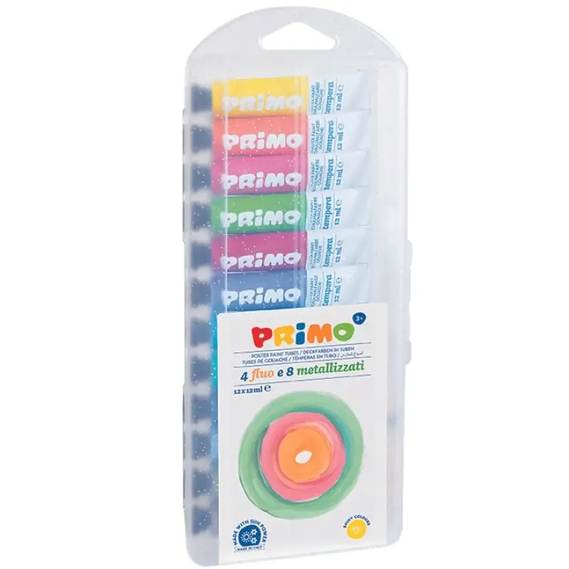 Primo - Plakkaatverf metallic en fluorescerend - 12 kleuren - 12 ml per tube Weekendaanbieding