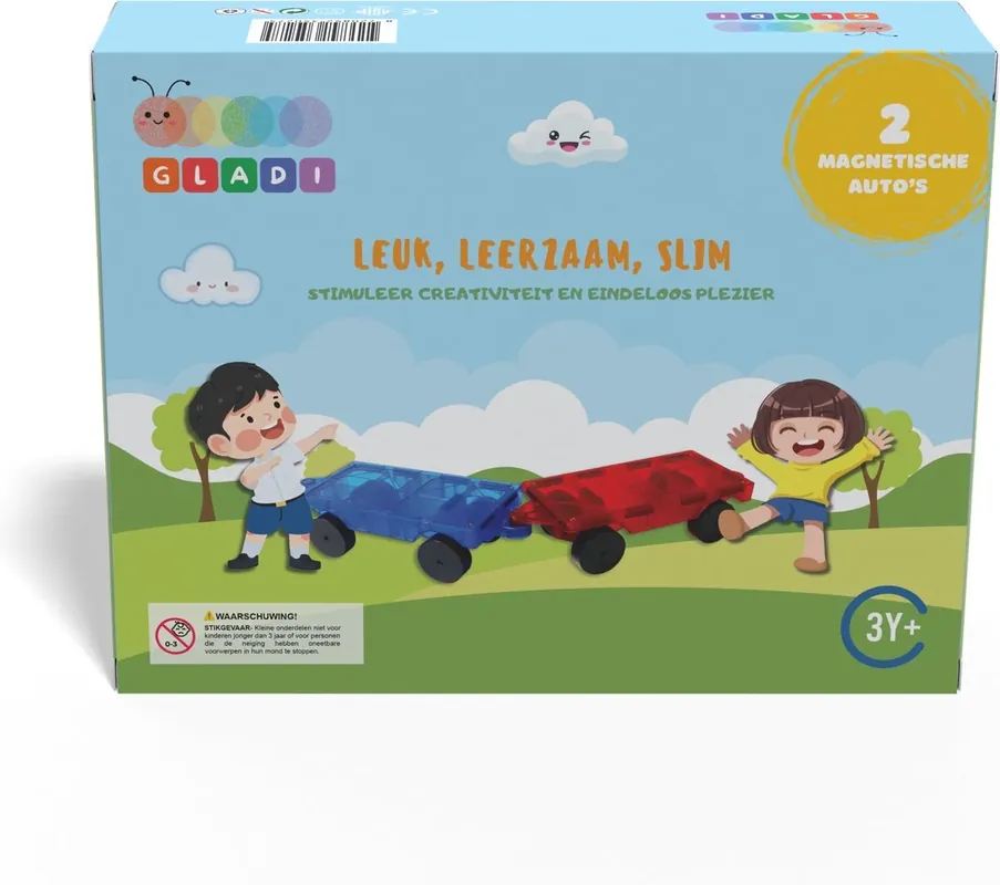 Koopje Gladi Tiles - 2 magnetische auto's - Magnetic Tiles - Magnetisch Speelgoed