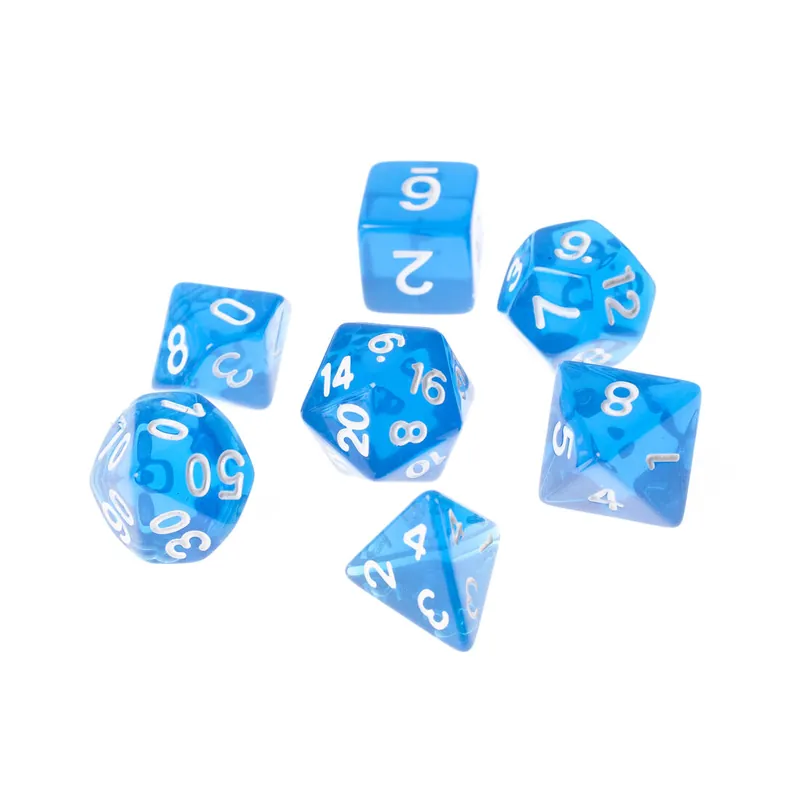 Dobbelsteenset RPG veelhoek transparant blauw 7 stuks Uitverkoop