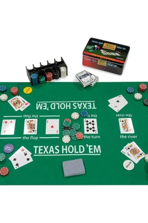 Pokerkaarten met kleed en 200 chips in tin Direct Verzonden