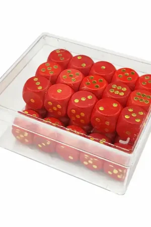 35 dobbelstenen in doosje, rood Aanbieding