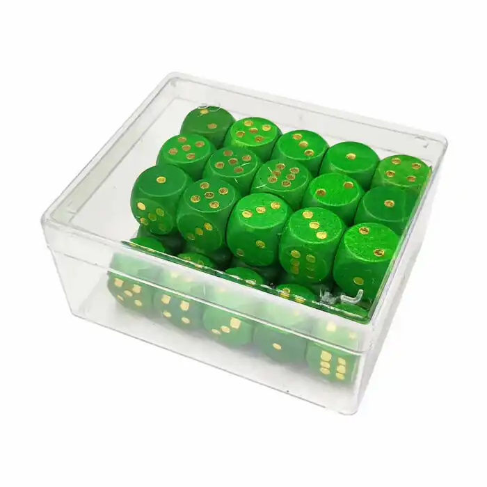 35 dobbelstenen in doosje, groen Koopje